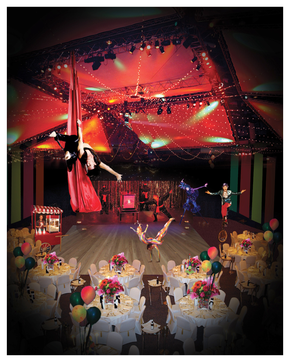 Visual representation of a circus-in-a-ballroom