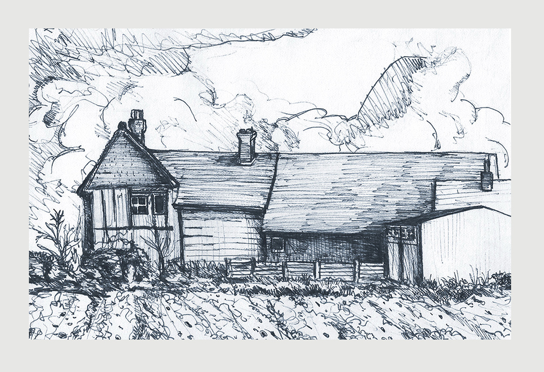 Pencil sketch of the back of large house