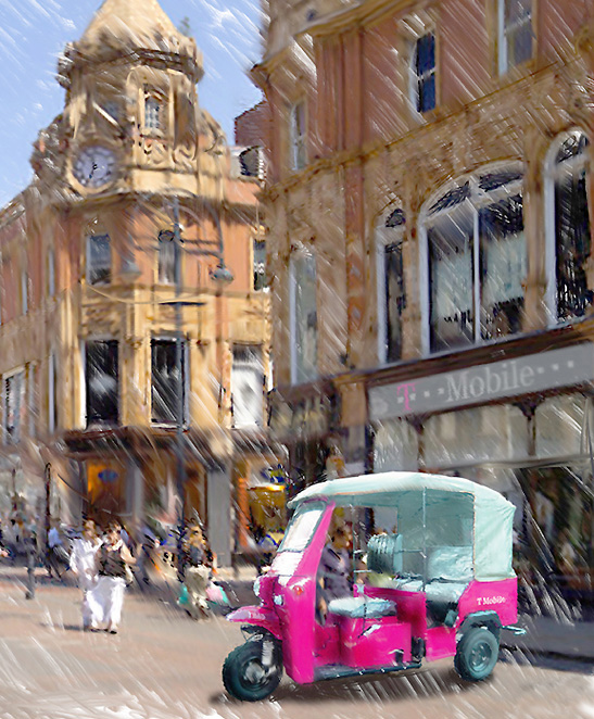 Highly stylised sketch visual of tuktuk on a street